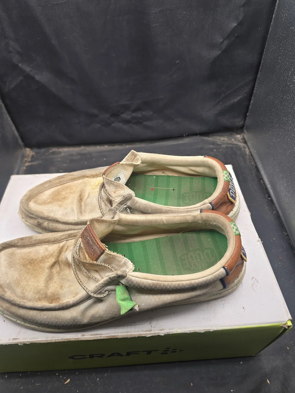 Hey Dude Beige Slip-On Loafers with Green Insoles